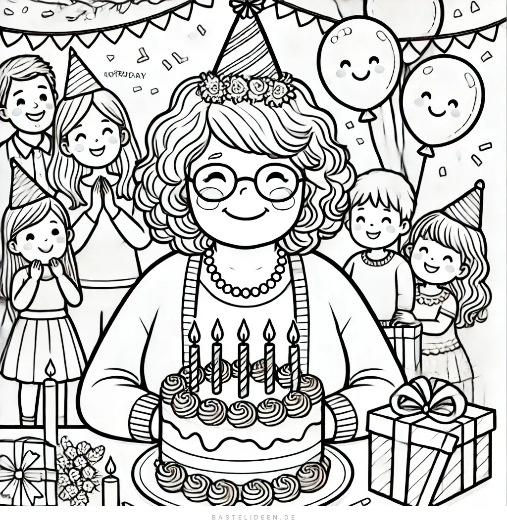 Oma umringt von Familie bei Geburtstagsfeier mit Kuchen