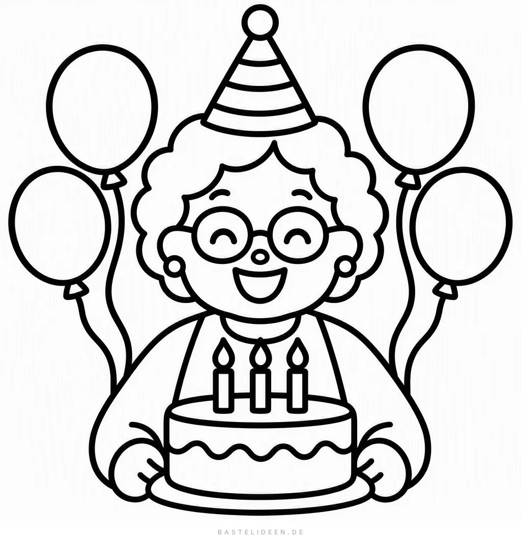 Oma mit Partyhut hält einen Kuchen, daneben Luftballons