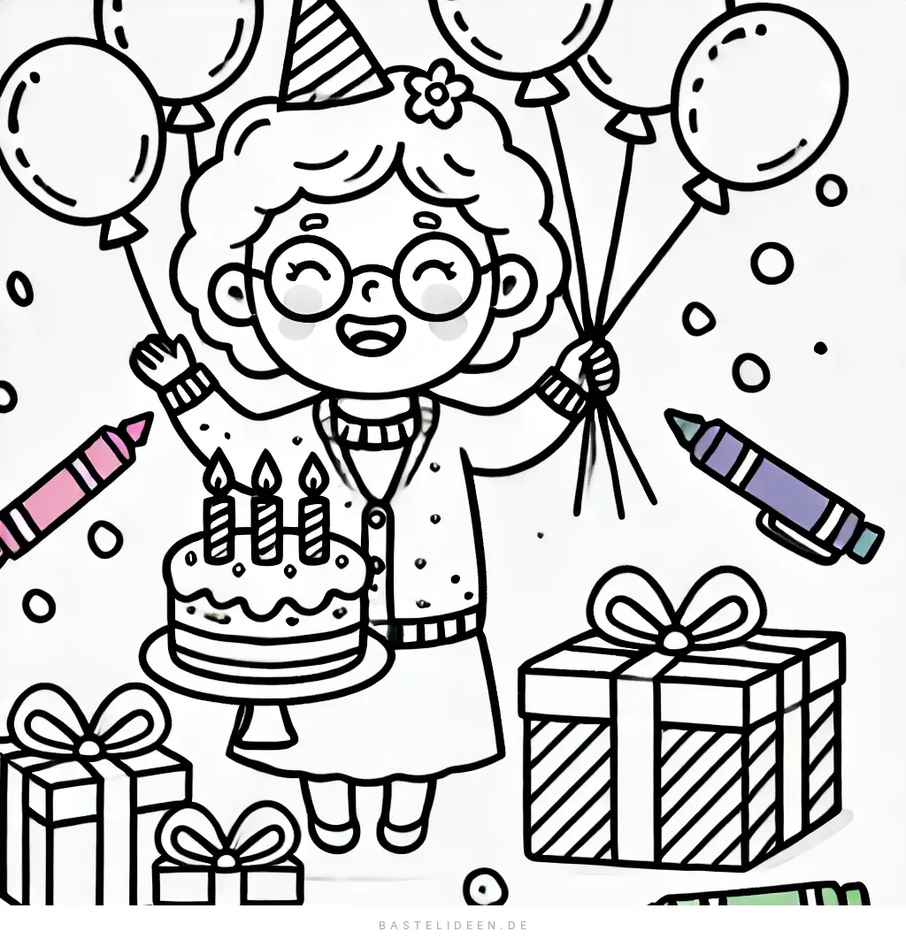 Fröhliche Oma mit Partyhut, Ballons und Kuchen