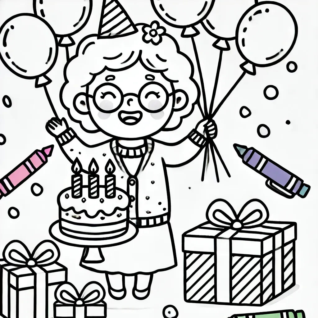 Fröhliche Oma mit Partyhut, Ballons und Kuchen