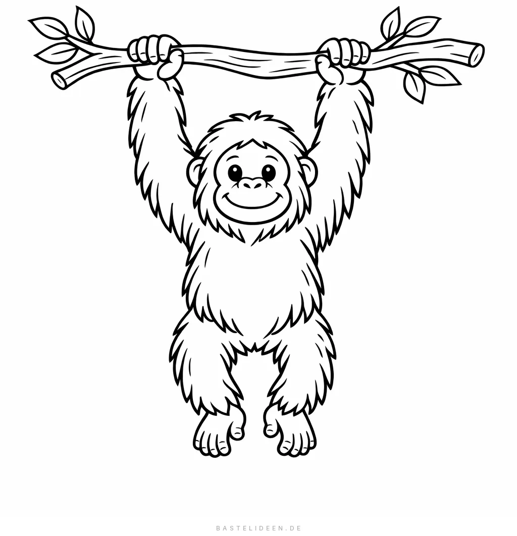 Orang-Utan hängt mit langen Armen am Ast