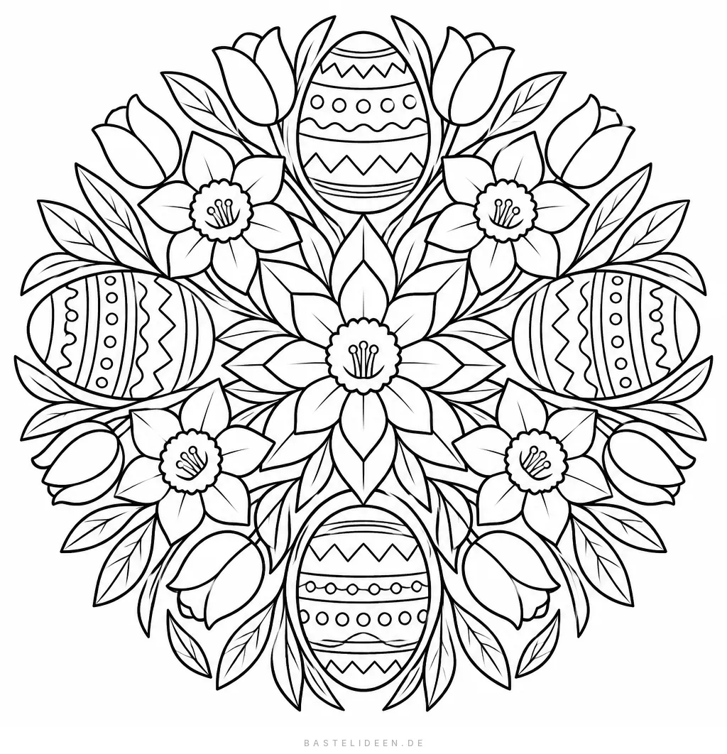 Rundes Mandala aus verzierten Ostereiern, Tulpen und Narzissen
