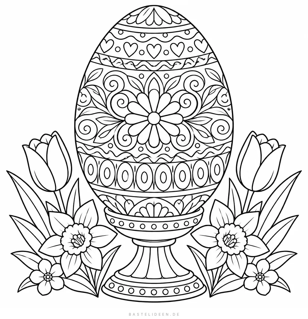 Osterei voller Zentangle-Muster auf einem Ständer zwischen Tulpen und Narzissen
