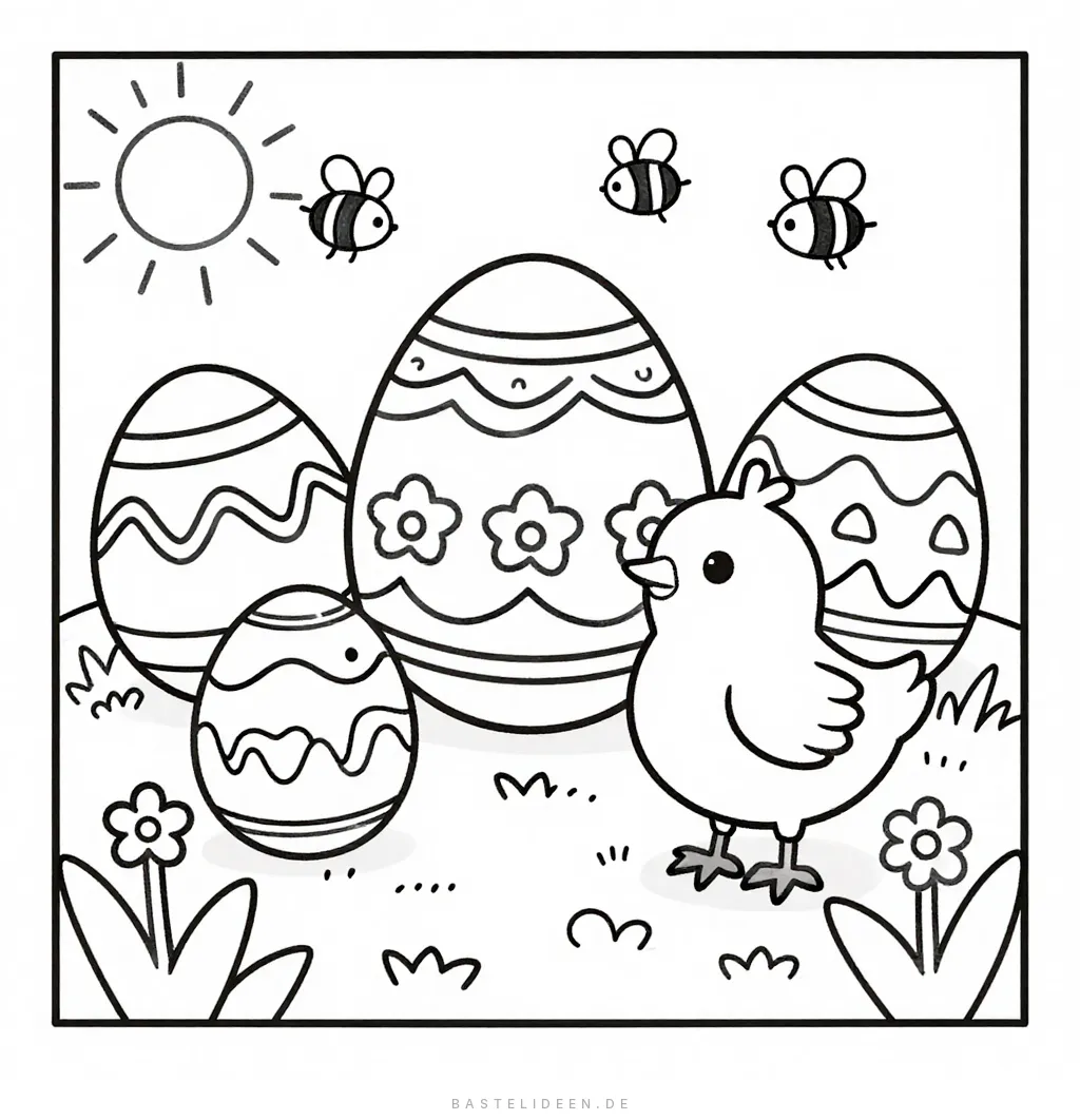 Verzierte Ostereier mit niedlichem Küken, summenden Bienen und lächelnder Sonne