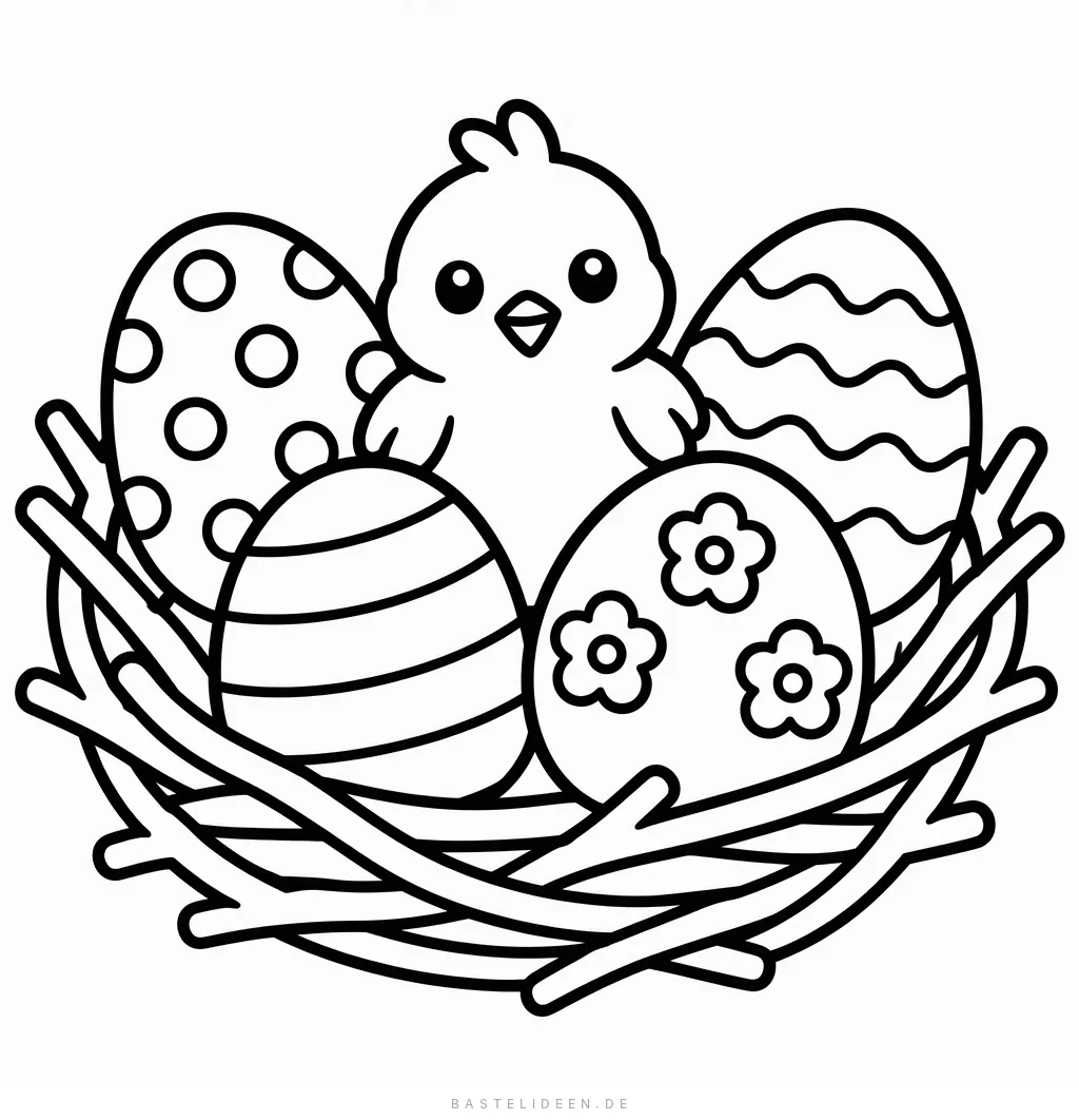 Nest aus Zweigen mit gemusterten Ostereiern und einem Küken