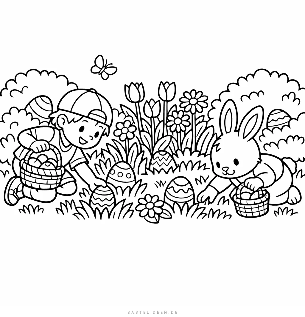 Kind und Osterhase suchen gemeinsam Ostereier zwischen Blumen und Büschen im Garten