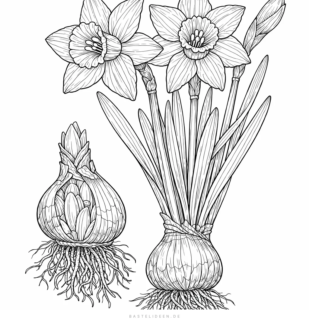 Botanische Darstellung von Narzissen mit Blüten, Zwiebeln und Wurzelsystem