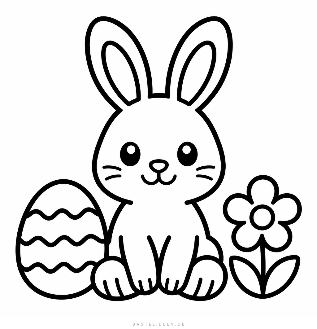 Kleiner Osterhase sitzt zwischen Osterei und Blume