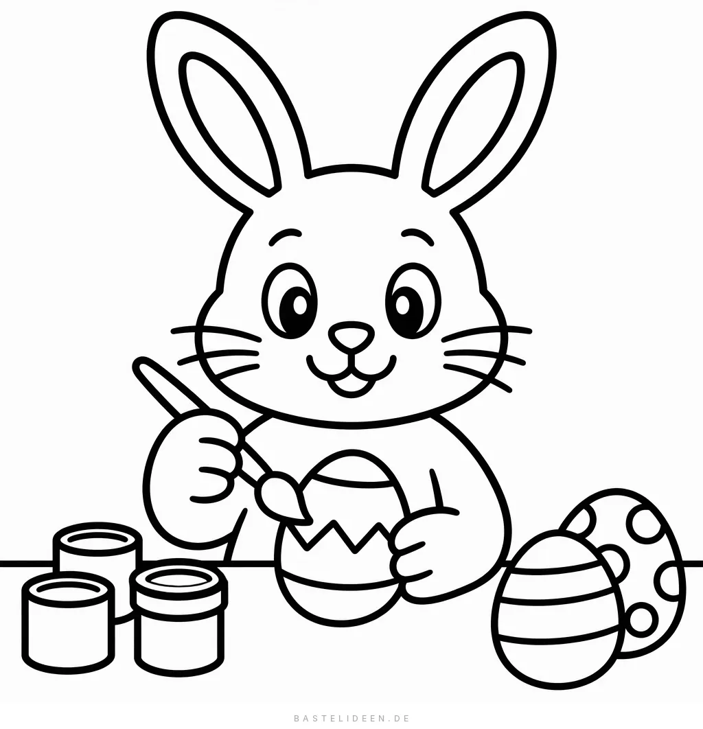 Osterhase bemalt mit Pinsel ein Ei, daneben Farbtöpfe und bemalte Eier