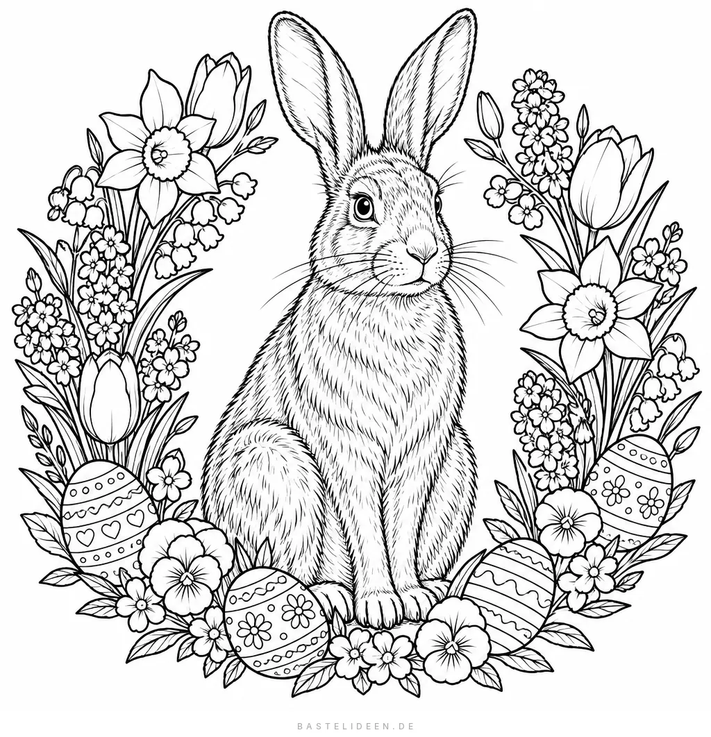 Realistischer Osterhase im Kranz aus Frühlingsblumen und verzierten Ostereiern
