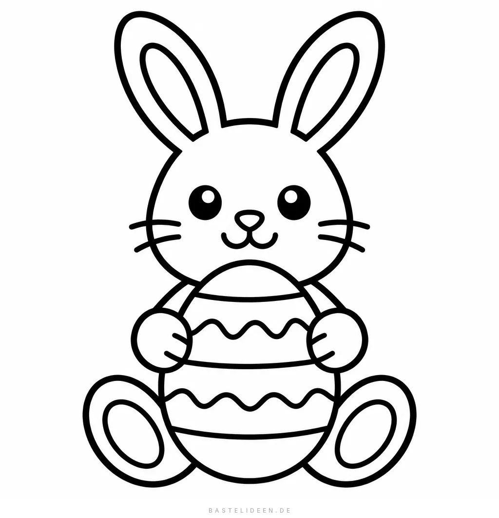 Sitzender Osterhase hält ein großes gestreiftes Osterei