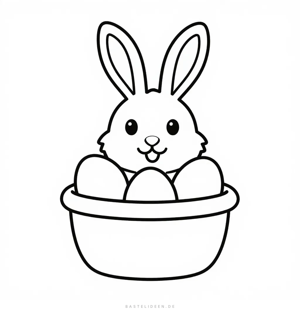 Niedlicher Osterhase sitzt in einem Korb voller Ostereier