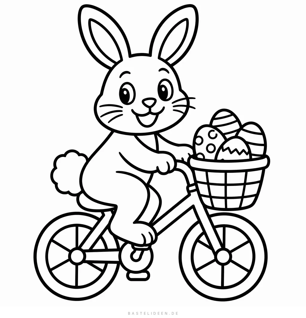 Osterhase fährt Fahrrad mit einem Korb voller Ostereier