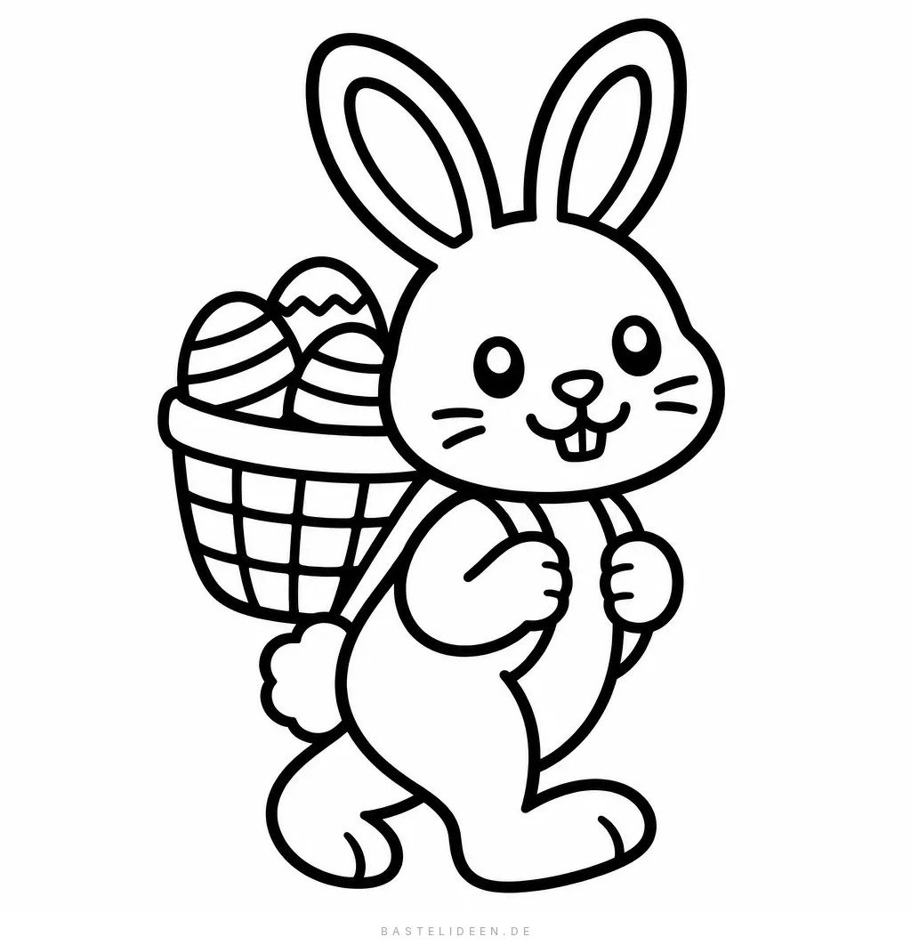 Osterhase trägt einen Korb voller Ostereier auf dem Rücken