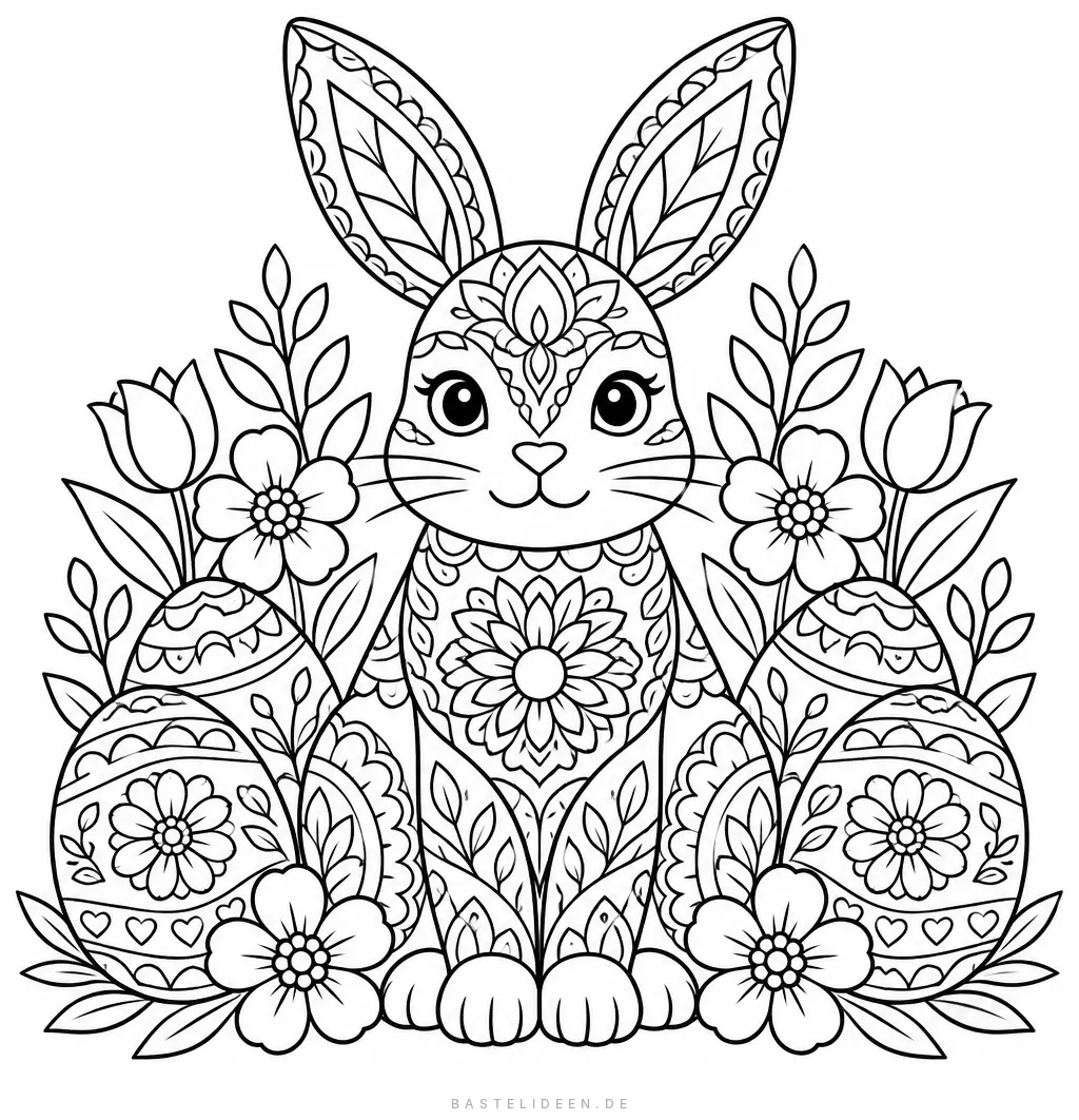 Osterhase voller Mandala-Muster zwischen verzierten Ostereiern und Blumen