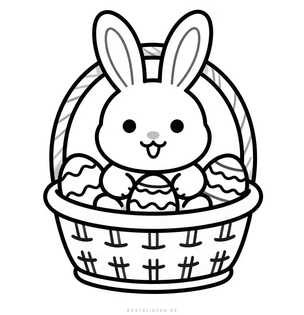 Niedlicher Osterhase sitzt in einem Weidenkorb mit verzierten Ostereiern