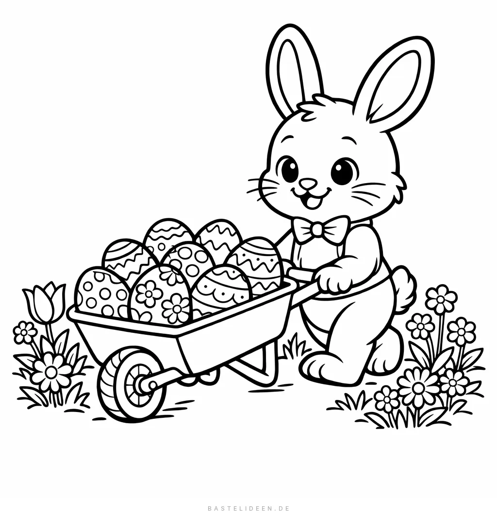 Niedlicher Osterhase mit Fliege schiebt Schubkarre voller Ostereier