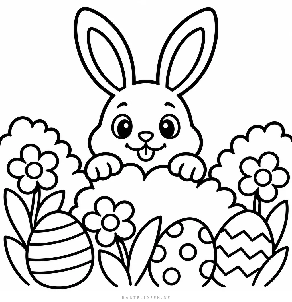 Osterhase schaut hinter einem Busch hervor, davor Blumen und gemusterte Ostereier