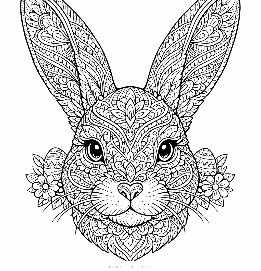 Detailliertes Hasenportrait mit ornamentalen Zentangle-Mustern im Fell und kleinen Blumen