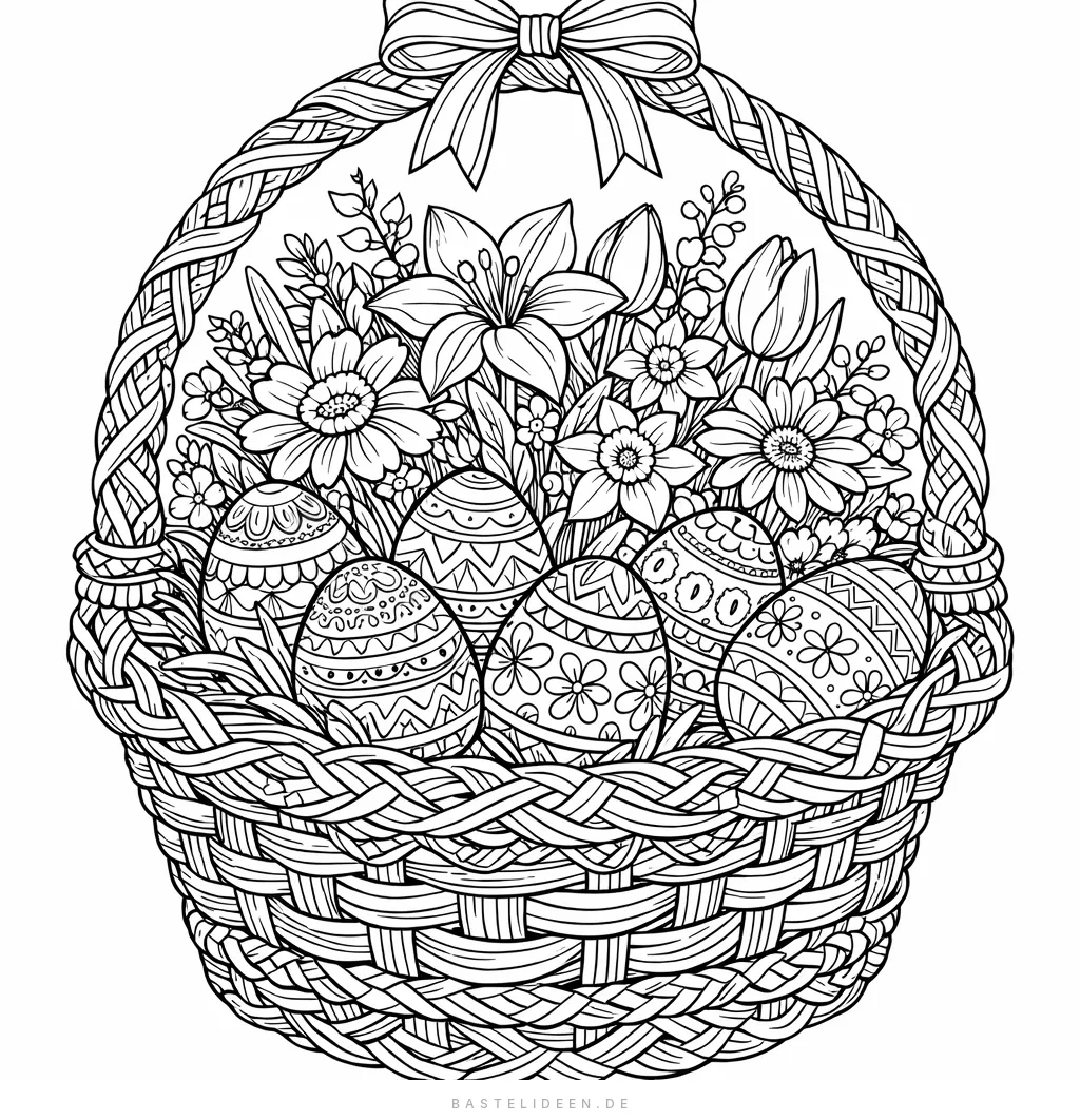 Kunstvoll geflochtener Osterkorb mit verzierten Eiern, Frühlingsblumen und Schleife