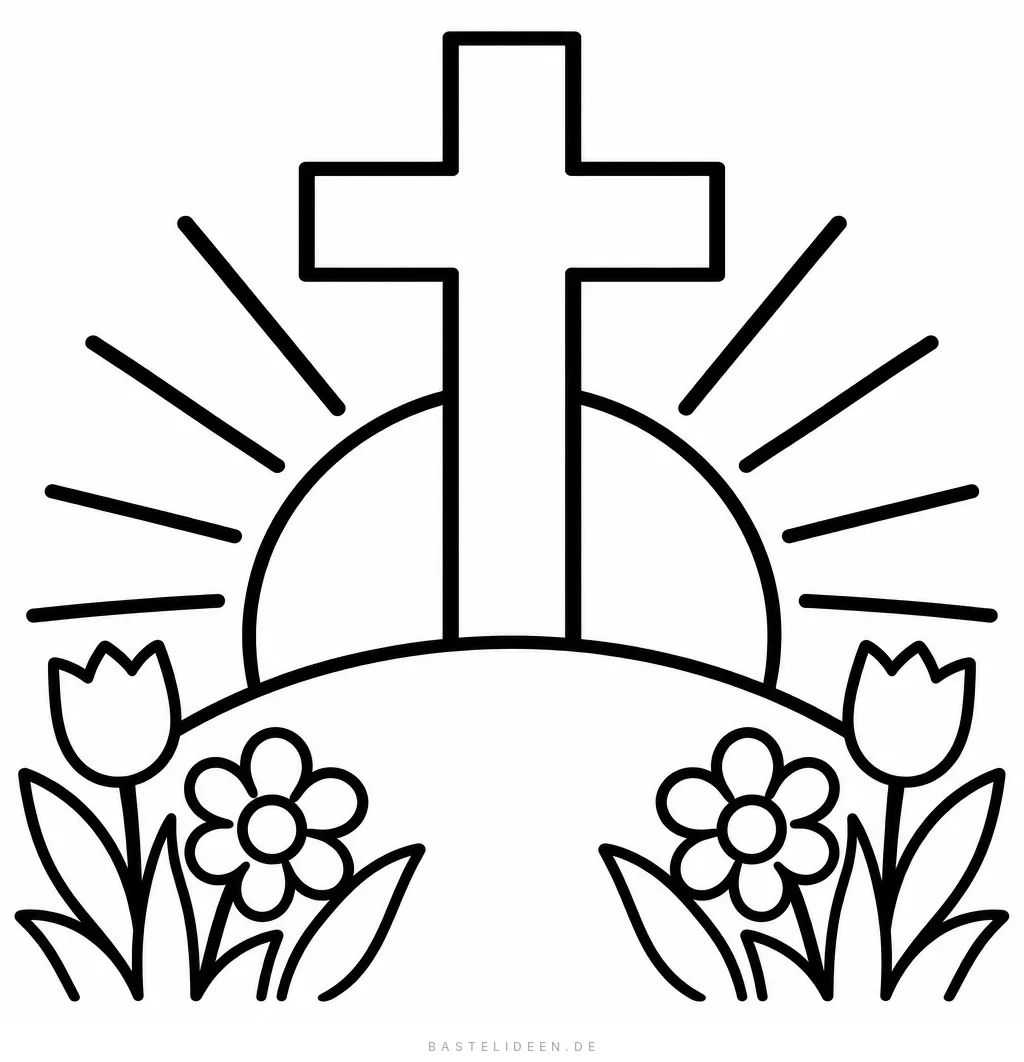Holzkreuz auf einem Hügel vor der aufgehenden Sonne, umgeben von Tulpen und Blumen