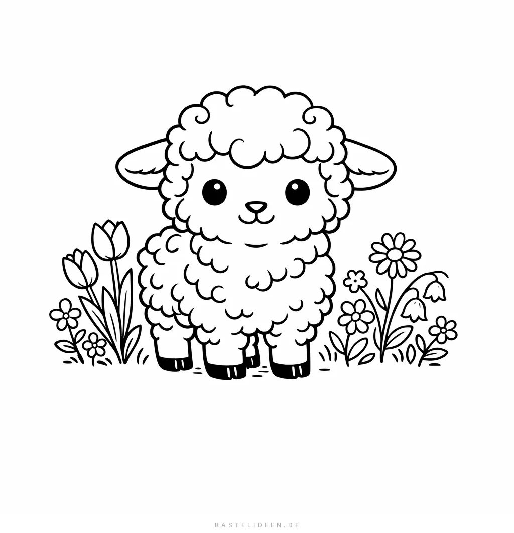 Flauschiges Osterlamm mit lockigem Fell auf einer Blumenwiese mit Tulpen und Gänseblümchen