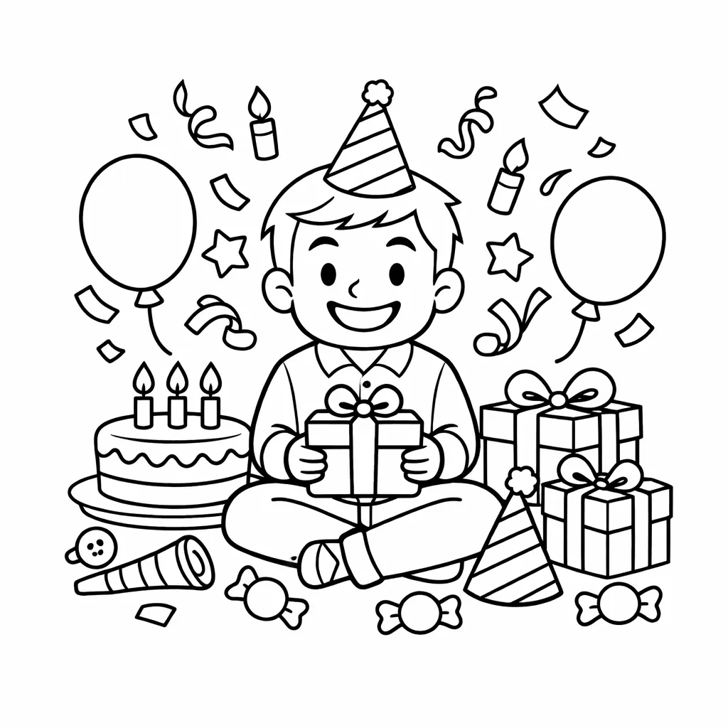 Junge mit Partyhut, Geschenken, Torte und Luftballons