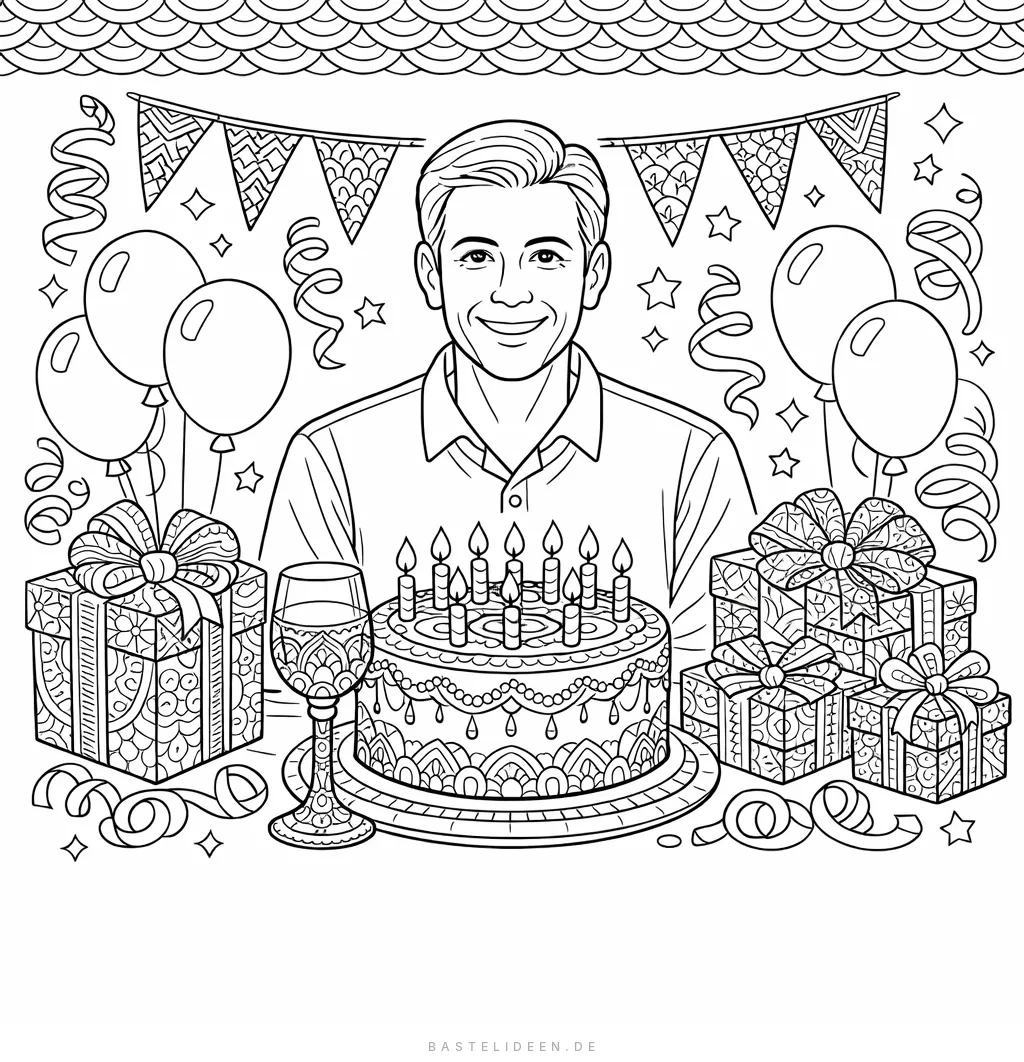 Geburtstagstorte mit Weinglas, Geschenkboxen und filigranen Mustern