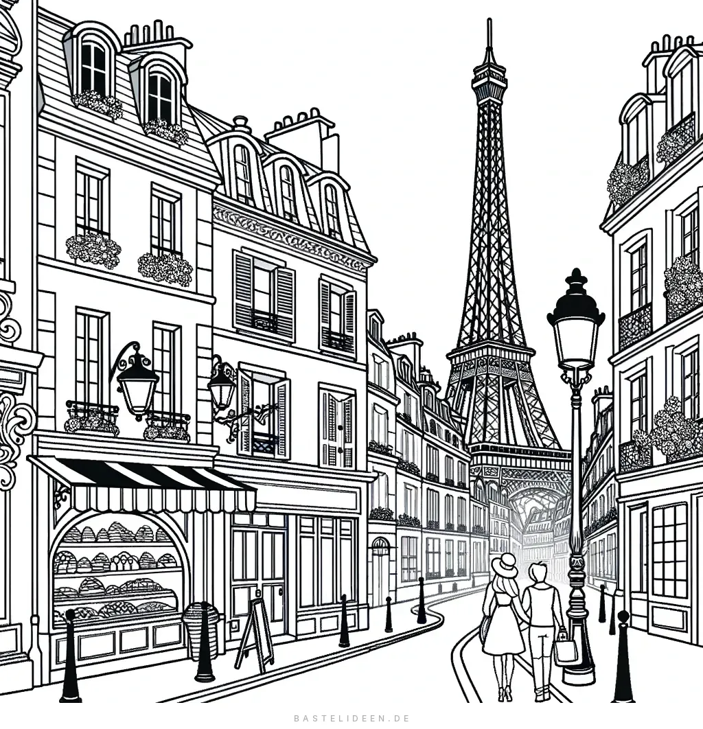 Pariser Strasse mit Bäckerei und Gebäuden vor Eiffelturm