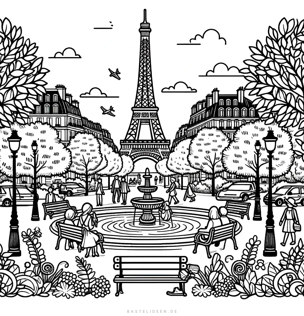 Pariser Park mit Brunnen, Bäumen und Eiffelturm