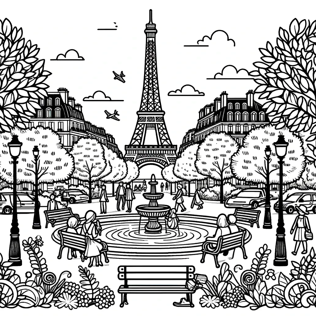 Pariser Park mit Brunnen, Bäumen und Eiffelturm