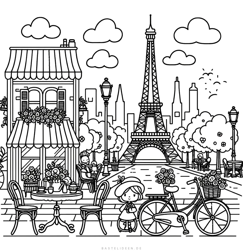 Pariser Strasse mit Cafe, Blumenladen und Fahrrad vor Eiffelturm