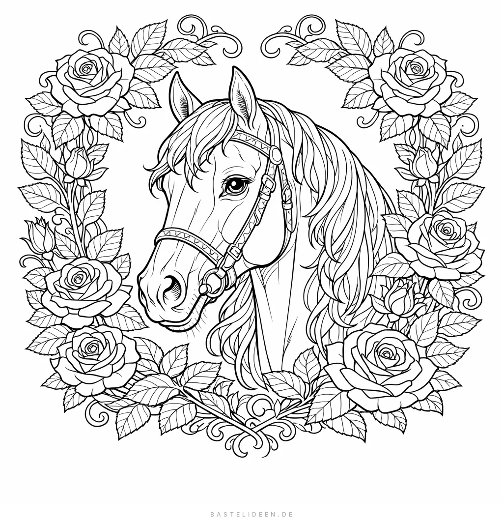 Pferdeportrait umrahmt von detaillierten Rosen und Blättern