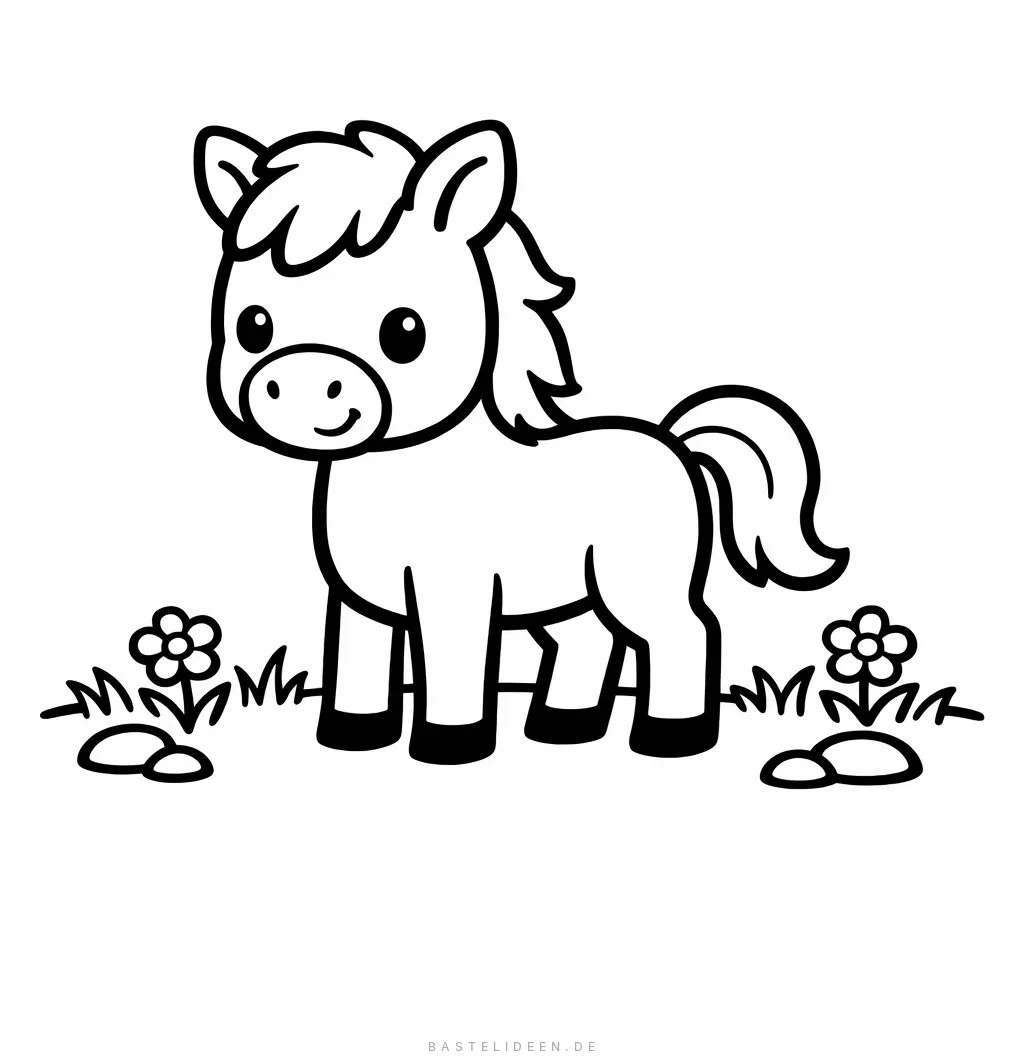 Süßes Pferdefohlen steht auf einer Wiese