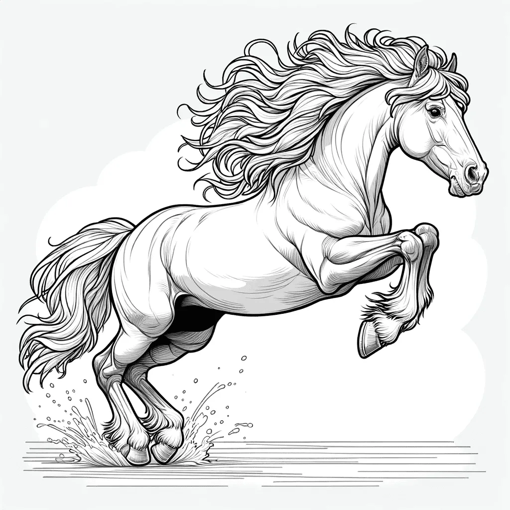 Dynamisches Pferd springt durch Wasser mit wehender Mähne