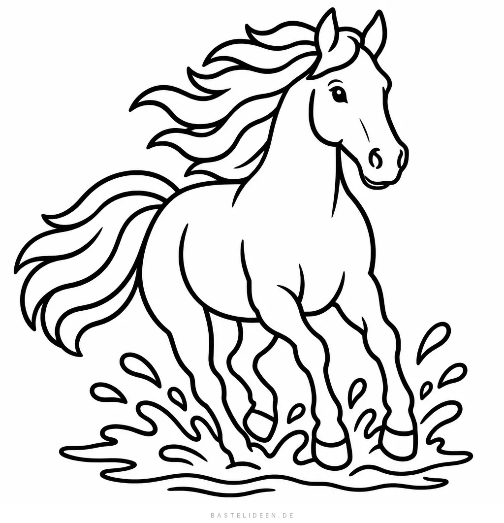 Pferd mit wehender Mähne galoppiert durch flaches Wasser