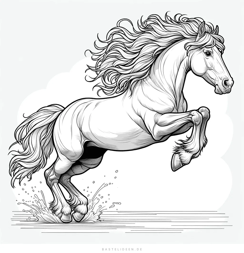 Dynamisches Pferd springt durch Wasser mit wehender Mähne