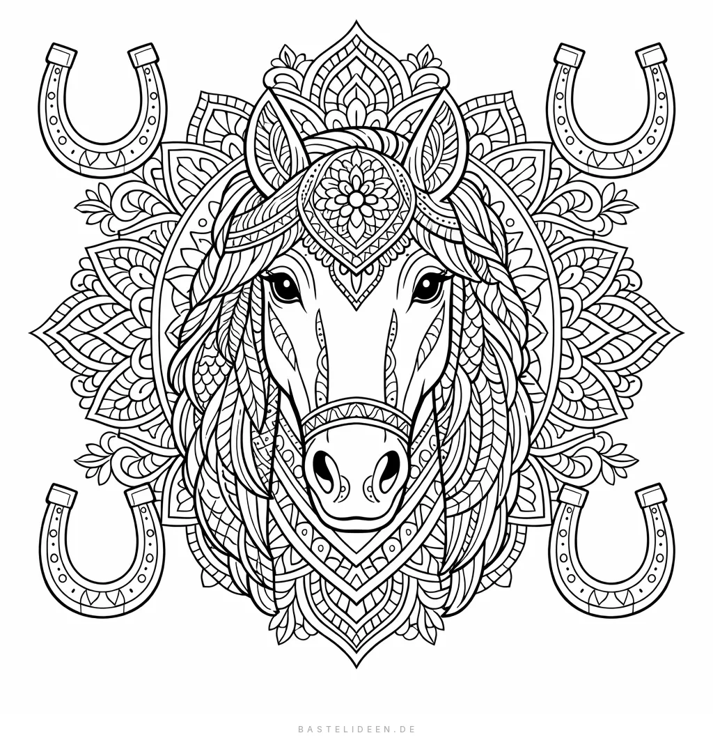 Kunstvolles Pferde-Mandala mit symmetrischen Hufeisen-Mustern