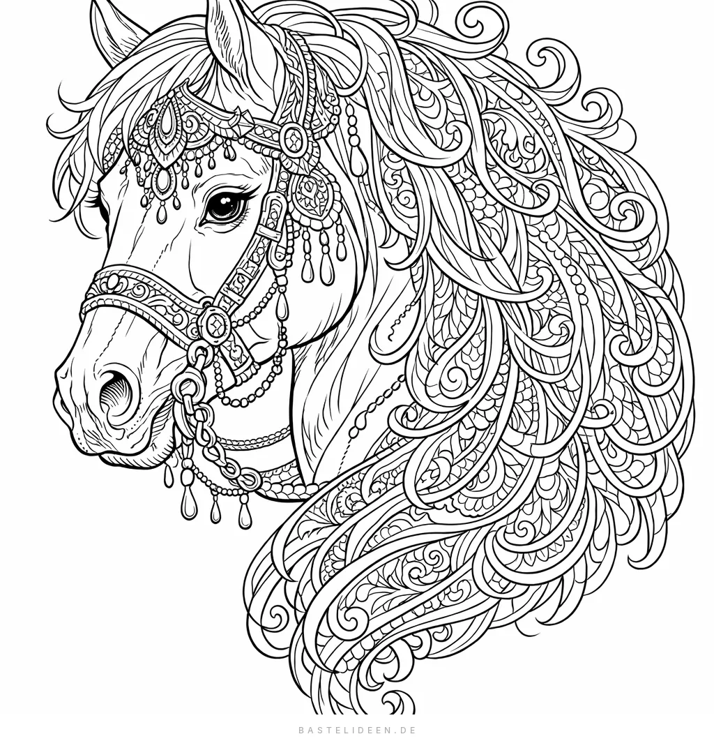 Prachtvolles Pferdeportrait mit ornamentalem Zaumzeug und verzierter Mähne