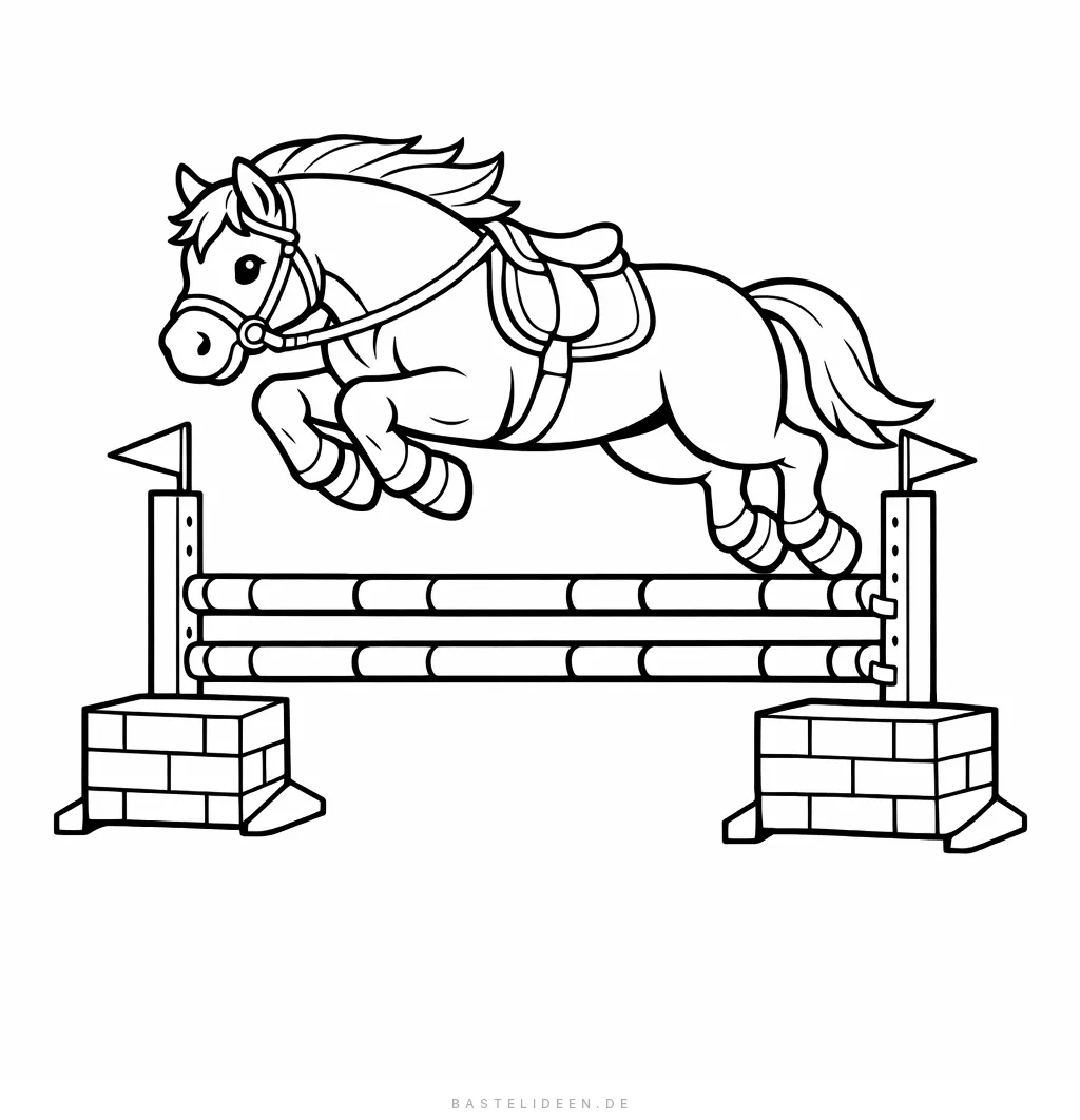 Pferd springt über Hindernis beim Springreiten
