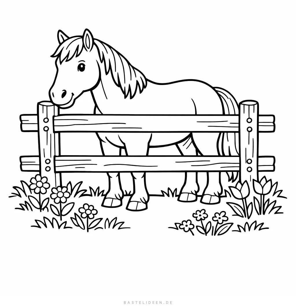 Pferd steht am Holzzaun auf der Weide mit Blumen