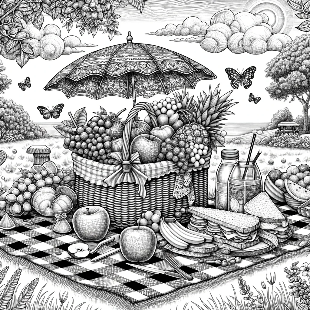 Detaillierte Picknick-Szene mit Korb und Sonnenschirm