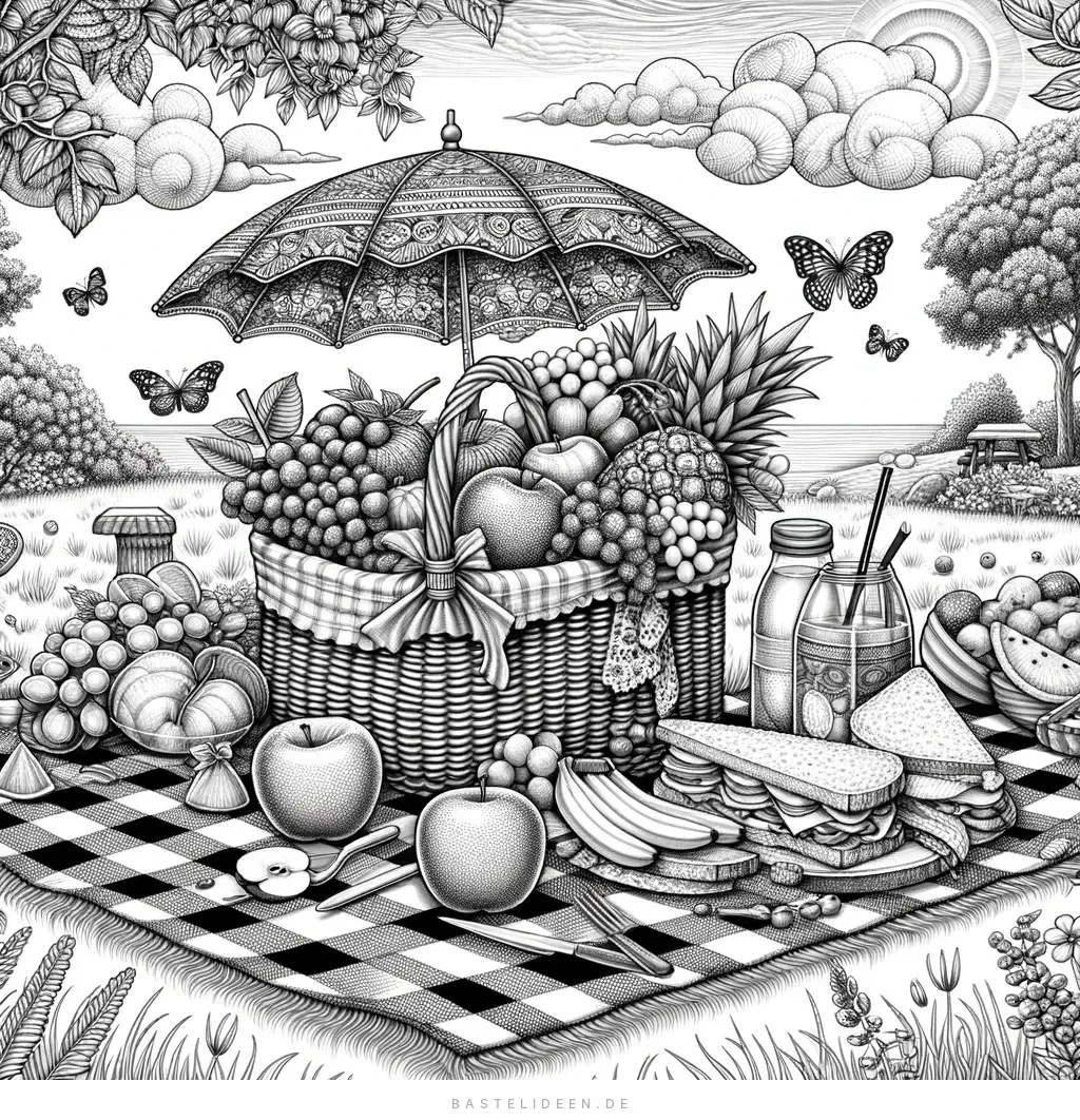 Detaillierte Picknick-Szene mit Korb und Sonnenschirm