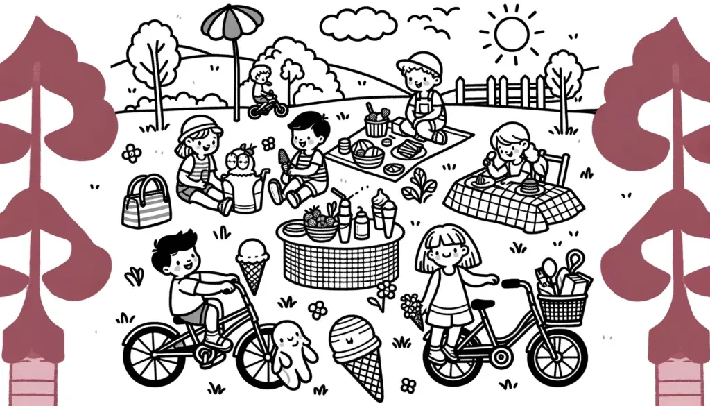 Kinder beim Picknick im Park mit Fahrrad und Eis