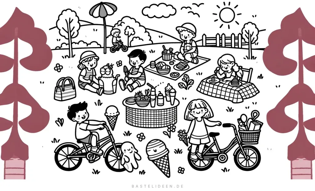 Kinder beim Picknick im Park mit Fahrrad und Eis