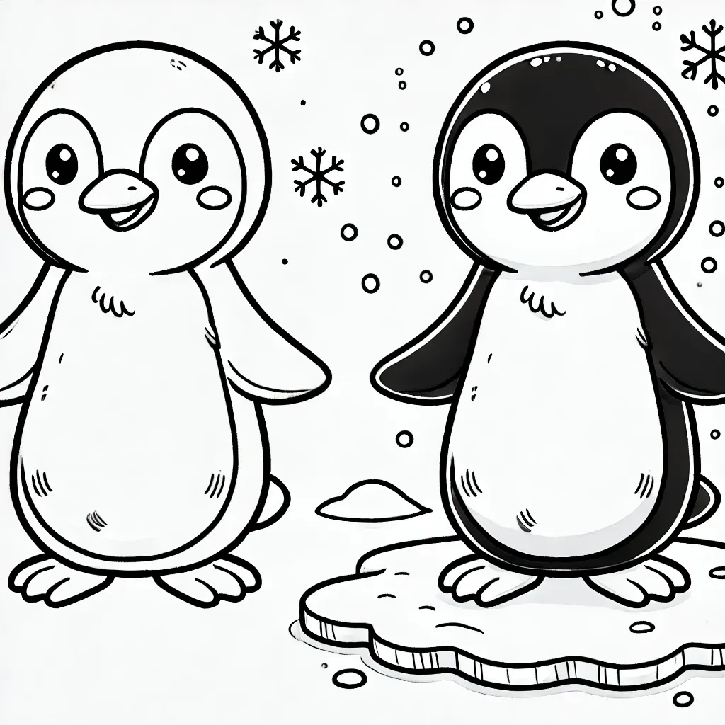 Zwei niedliche Pinguine nebeneinander im Schnee mit Schneeflocken