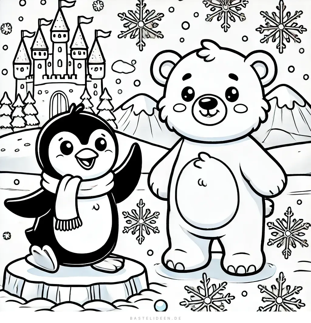 Pinguin und Eisbär vor Schloss im Schnee