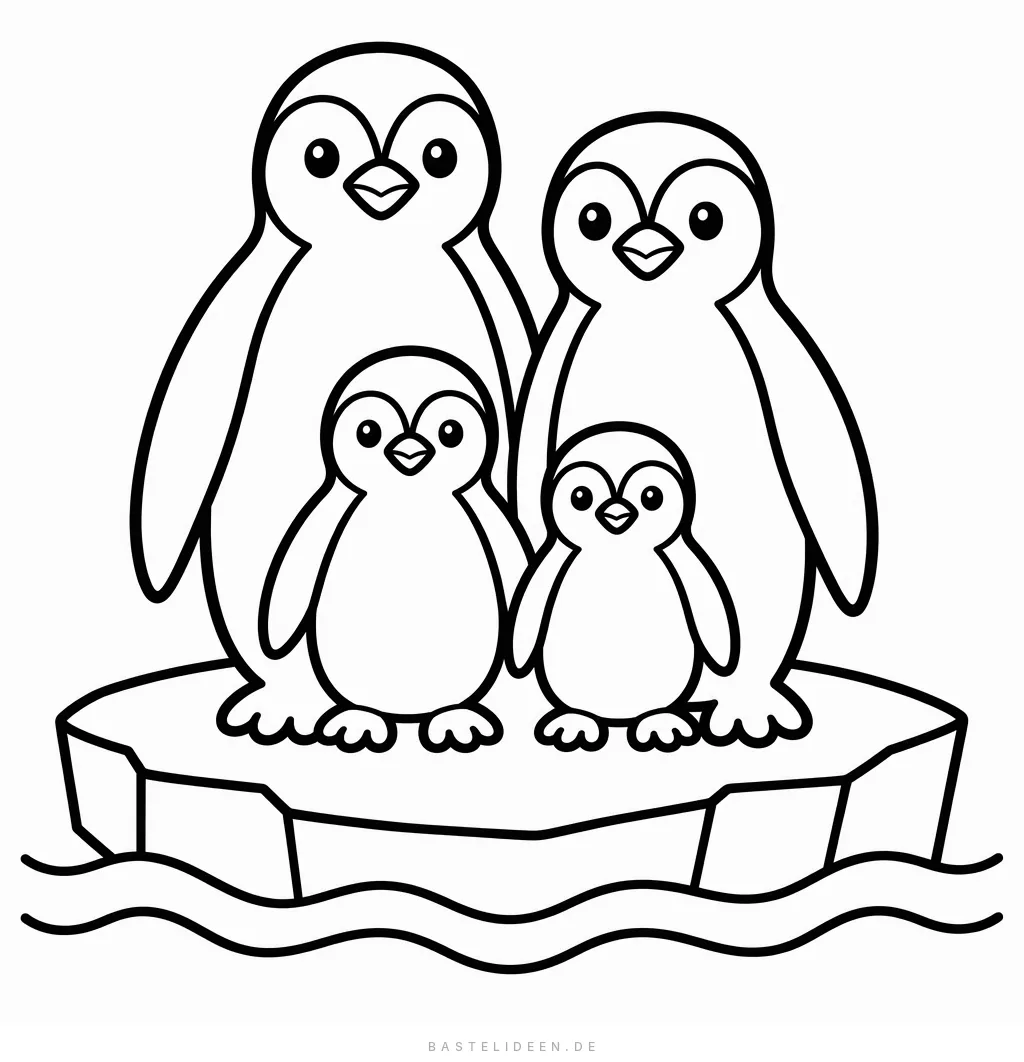 Vier Pinguine stehen gemeinsam auf einer Eisscholle im Meer