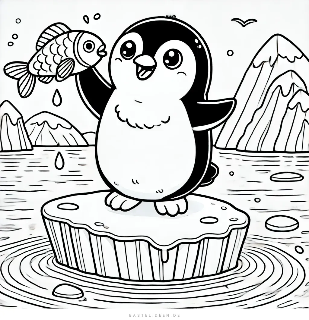 Fröhlicher Pinguin hält einen Fisch auf einer Eisscholle mit Bergen