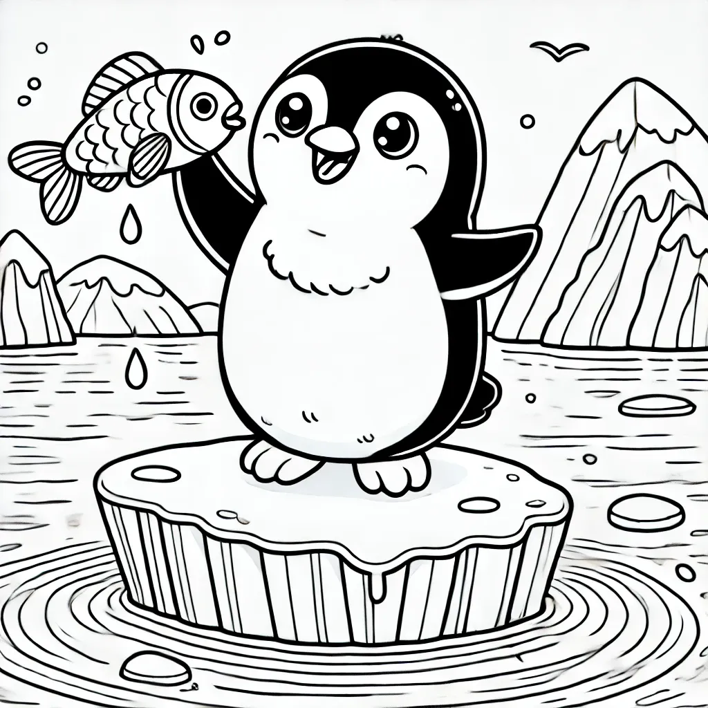 Fröhlicher Pinguin hält einen Fisch auf einer Eisscholle mit Bergen